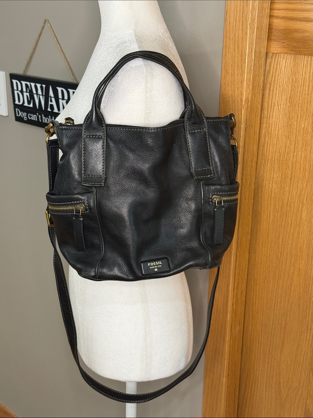 Fossil Black Leather Tote with Dual Handles and Crossbody Strap
